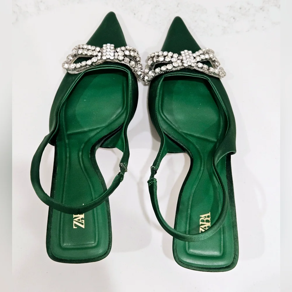 Zara Emerald Satin Slingback Heels Rhinestone Bow Kitten Heel Size 39 - Picture 6 of 6